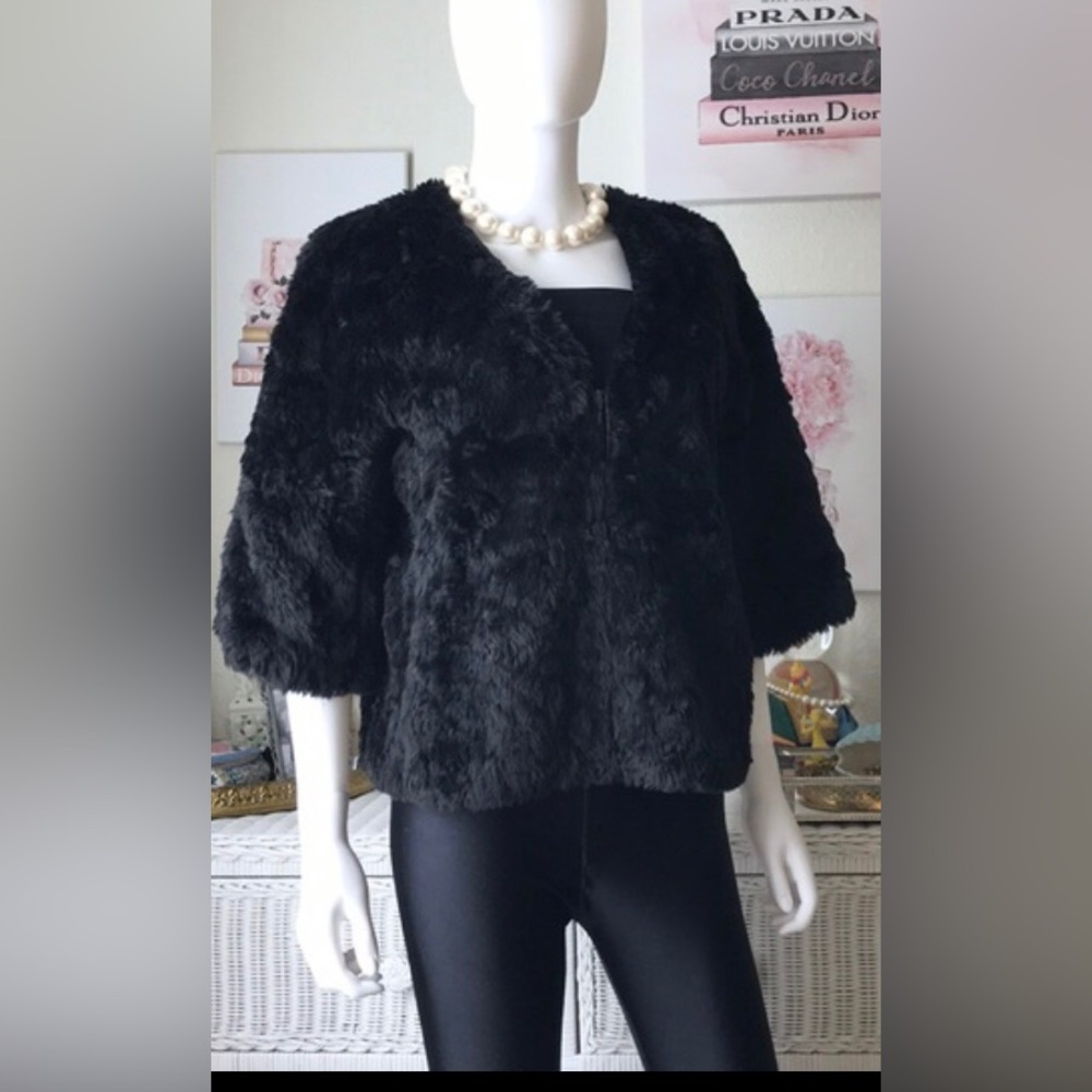 Club Monaco Jacket Faux Fur Short Waisted Square Neck Fitted Zip Up Black Sz. XS